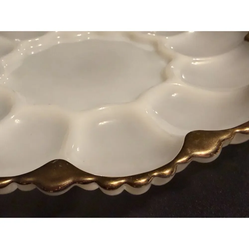 2 Anchor Hocking Fire King Milk Glass Deviled Egg Plates 22K Gold Trim Platters